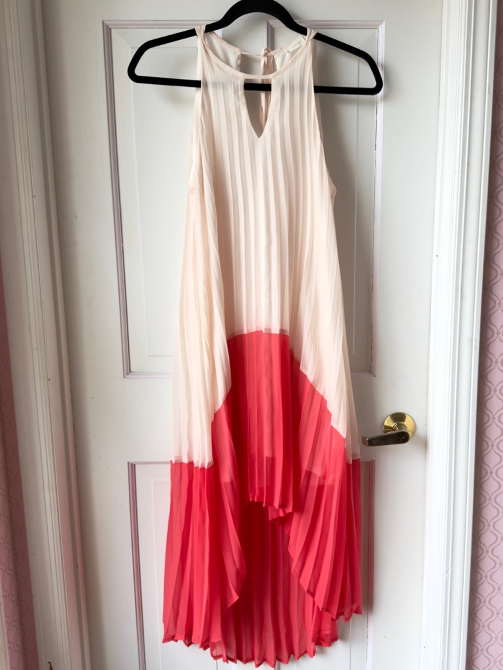 Lush Pleated High-Low Dress in Cream and Coral Size Small